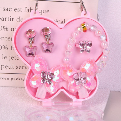 Children's cartoon cute girl butterfly bracelet hairpin ring ear clip six-piece set