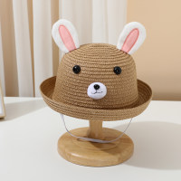 Sombrilla de verano para niños, sombrero de paja de playa con orejas tridimensionales de conejo de dibujos animados de viaje  Caqui