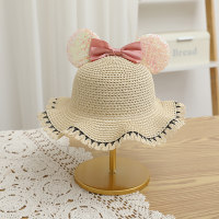 Children's summer sunshade travel bow Mickey ears sequined beach straw hat  Khaki