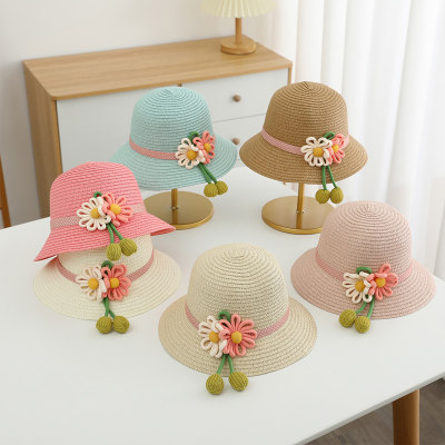 Guarda-sol de verão infantil, rosa e branco, acessórios de flores grandes, chapéu de palha de praia para viagem de princesa