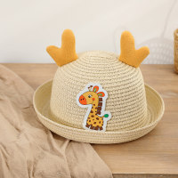 Sombrilla de verano para niños, sombrero de paja de playa con orejas tridimensionales de jirafa de dibujos animados de viaje  Beige