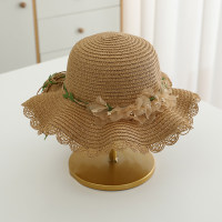 Sombrero de paja de playa con perlas y flores de viaje para protección solar de verano para niños  café
