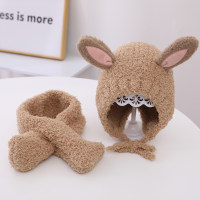2-piece Baby Girl Solid Color Bunny Ear Design Plush Hat & Matching Scarf  Khaki