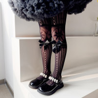 Leggings per calze a rete vuote da ballo con fiocco sottile Lolita estivo per ragazze  Nero