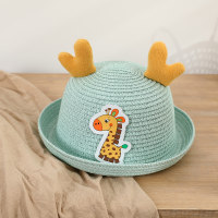 Sombrilla de verano para niños, sombrero de paja de playa con orejas tridimensionales de jirafa de dibujos animados de viaje  Azul