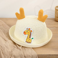 Sombrilla de verano para niños, sombrero de paja de playa con orejas tridimensionales de jirafa de dibujos animados de viaje  Blanco
