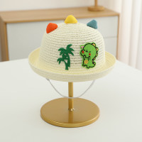 Sombrilla de verano para niños, sombrero de paja de playa con orejas tridimensionales de dinosaurio de dibujos animados de viaje  Blanco