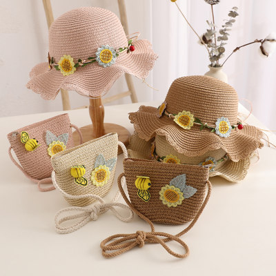 Toddler Girl Sun Flower Decoration  Straw Hat & Bag