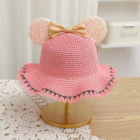 Children's summer sunshade travel bow Mickey ears sequined beach straw hat  Hot Pink