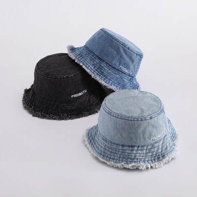 Children's spring and summer thin washed denim raw edge fashionable sun protection bucket hat