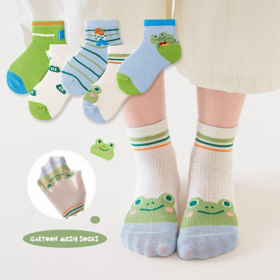 Cinco pares: calcetines de tubo medio transpirables de malla de rana verde de dibujos animados finos de verano para niños