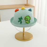 Sombrilla de verano para niños, sombrero de paja de playa con orejas tridimensionales de dinosaurio de dibujos animados de viaje  Azul