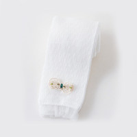 Leggings d'été fins en maille avec nœud floral pour filles, leggings de princesse anti-moustiques creux en dentelle à neuf points  blanc