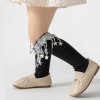 Girls' stylish five-pointed star sequined tassel stage catwalk stockings  Black