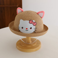 Pare-soleil d'été pour enfants, chapeau de paille de plage avec oreilles de chat en trois dimensions, dessin animé de voyage  Kaki