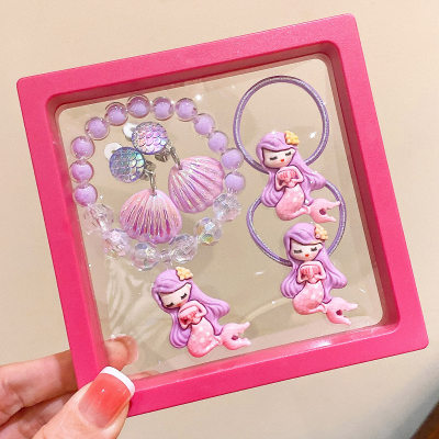 Children's Princess Mermaid Bracelet Cute Shell Painless Ear Clip Mermaid Princess Hair Ring Set Gift Box