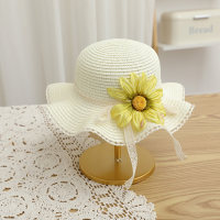 Sombrero de paja de playa de girasol de simulación de viaje con sombrilla de verano para niños  Blanco
