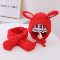 2-piece Baby Girl Solid Color Bunny Ear Design Plush Hat & Matching Scarf  Red