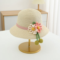 Guarda-sol de verão infantil, rosa e branco, acessórios de flores grandes, chapéu de palha de praia para viagem de princesa  Bege