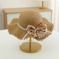 Sombrero de paja de playa de viaje de princesa con lazo floral para sombrilla de verano para niños  café