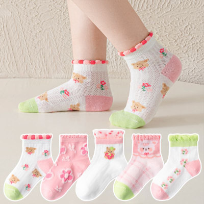 Cinco pares: calcetines de media pantorrilla transpirables de malla con oso de flores y finos de verano para niños