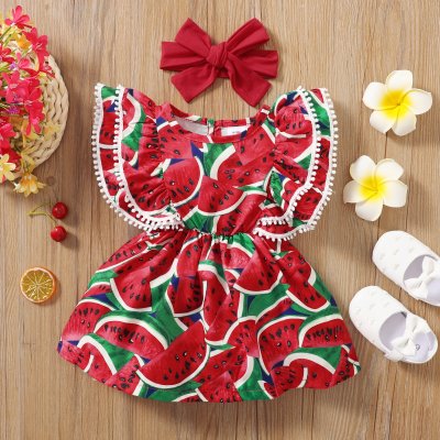 Baby Girl Beautiful Ruffled Sleeve  Watermelon Print Dress with Headband