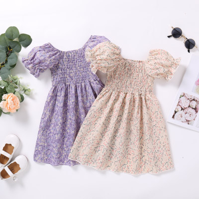 Toddler Girl Floral Pattern Cotton Puff Sleeve Dress