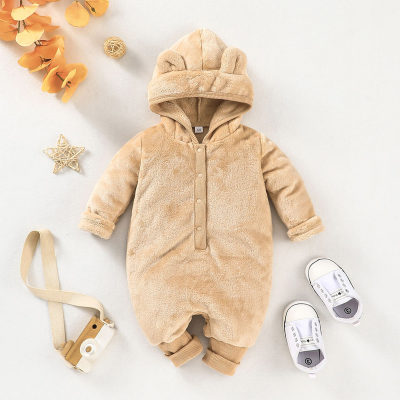 Baby Solid Color Ear Design Button Front Long-sleeved Long-leg Plush Romper