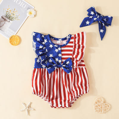 Baby Girl Independence Day Ruffle-sleeve Front button Bodysuit with Headband