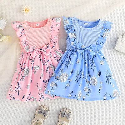 Toddler Girl Pure Cotton Allover Floral Pattern Ruffled Bowknot Decor Sleeveless Dress
