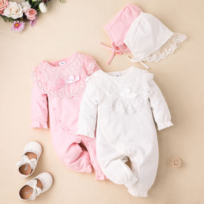 Baby Elegant Cute Solid bow bowknot Lace Long-sleeved long-leg romper