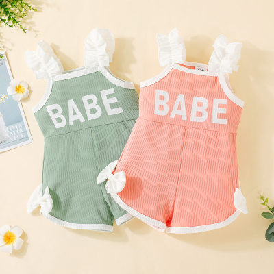 Baby Girl Cute Solid Color Letter Printed Ruffle Sleeve Bodysuit