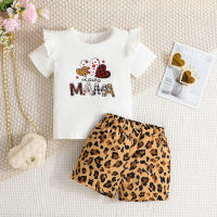 2 peças camiseta infantil de manga curta com estampa de letras e coração e shorts com estampa de leopardo  Branco
