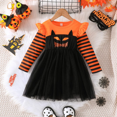 Vestido de manga larga con mosca y estampado de rayas estilo murciélago de Halloween para niña pequeña