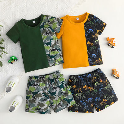 2-piece Toddler Boy Floral Printed Patchwork Short Sleeve T-shirt & Matching Shorts