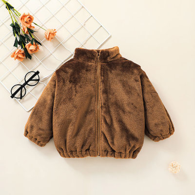 Baby Solid Color Stand Up Collar Zip-up Plush Jacket