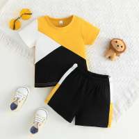 Camiseta de manga corta de patchwork con bloques de color para niño pequeño de 2 piezas y pantalones cortos a juego  Amarillo