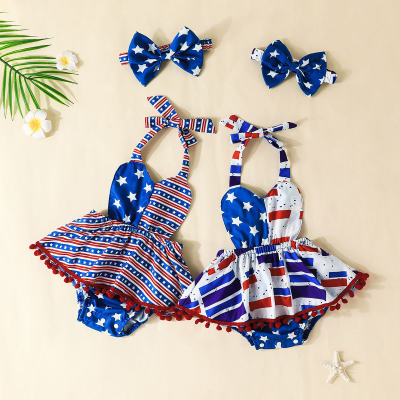 Baby Girl Independence Day Halter Neck Bodysuit with Headband