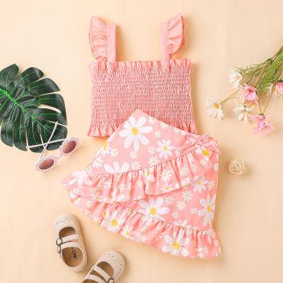Toddler Girl Sweet Cute Ruffle Daisy Vest Top & Skirt