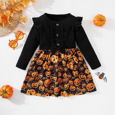Toddler Halloween Bowknot Decor Printed Long Sleeve Dress