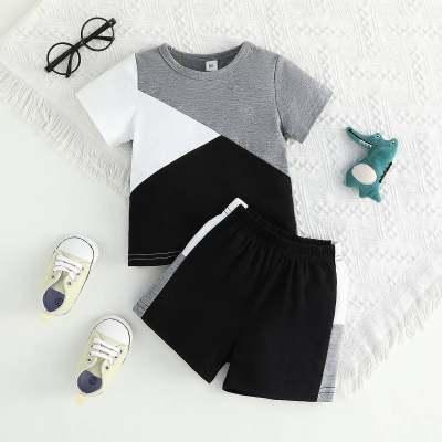 2-piece Toddler Boy Color-block Patchwork Short Sleeve T-shirt & Matching Shorts