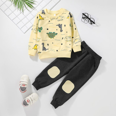 2-piece Toddler Boy Pure Cotton Allover Dinosaur Pattern Sweatshirt & Color-block Pants