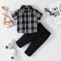 Baby Boy 2 Pieces Plaid Pattern Shirt & Pants  black and white plaid