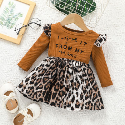 Baby Girl Pure Cotton Letter Pattern Leopard Print Patchwork Long Fly Sleeve Dress