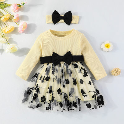 Baby Floral Bowknot Decor Mesh Patchwork Dress with Headband