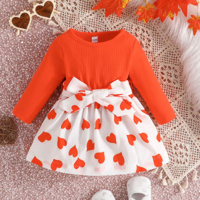 Baby Girl Color-block Heart-shaped Pattern Long Sleeve Dress & Waistband
