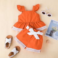 Baby Girl Solid Color Ruffle-sleeve Top & Pant With belt  Orange