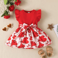 2-piece Baby Girl Floral Printed Patchwork Sleeveless Dress & Bowknot Belt  Red