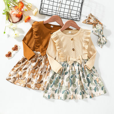 Toddler Girl Ruffled Ribbed Floral Patchwork Bowknot Decor Button Front Long Sleeve A-line Dress