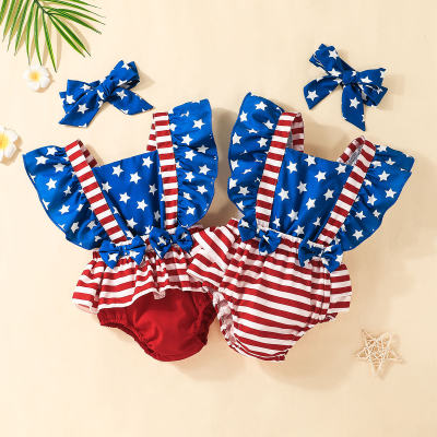 Baby Girl Independence Day Ruffle-sleeve Bowknot Bodysuit with Headband